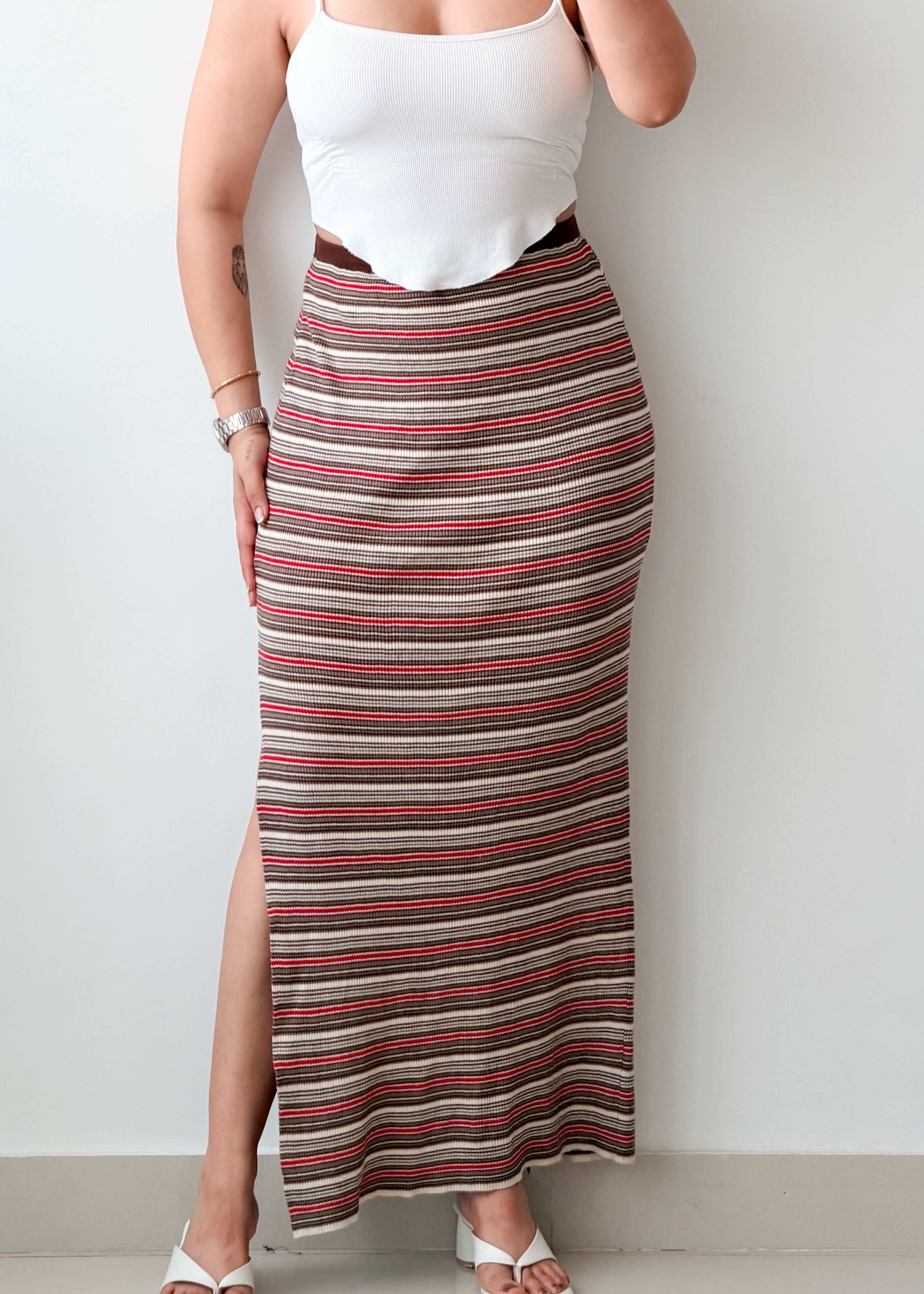 Waist 29-31 Striped Slit Maxi Skirt