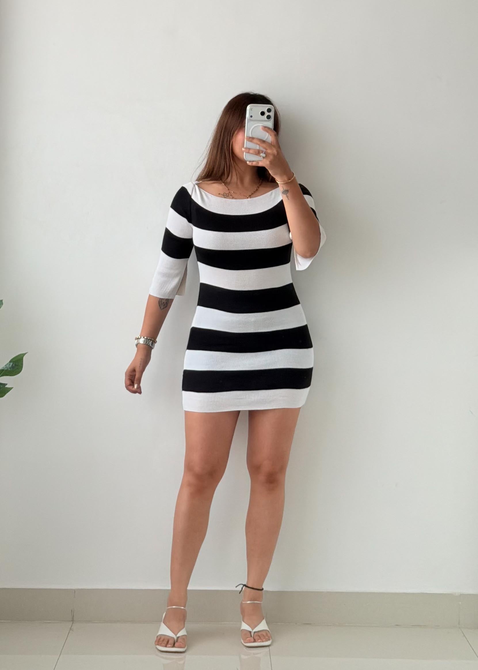 Size XS-S Black & White Stripe Knit Mini Dress