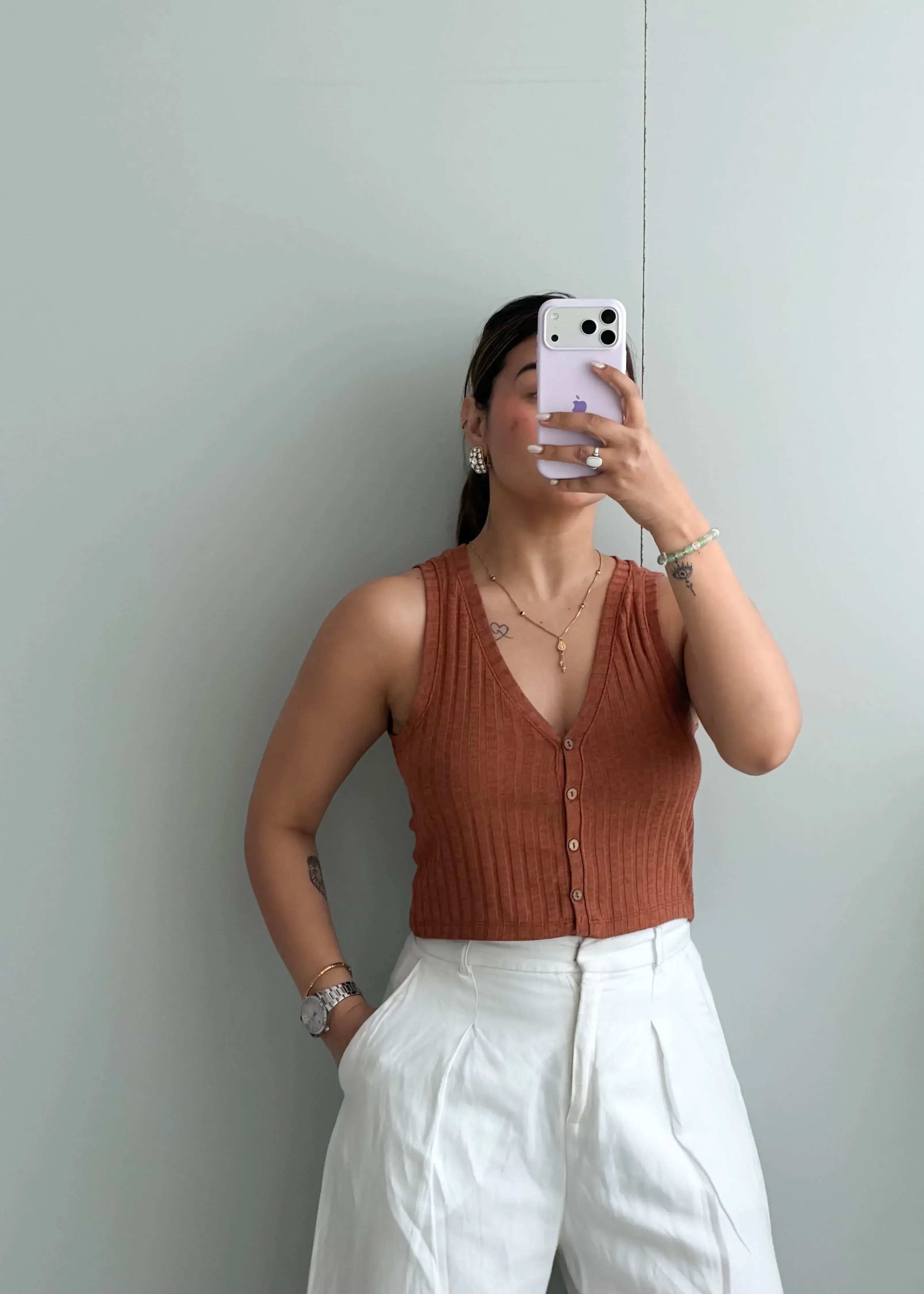 Size XS-S, Rust Button Front Ribbed Crop Top - Closet by Payal