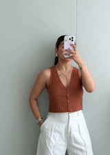 Size XS-S, Rust Button Front Ribbed Crop Top - Closet by Payal