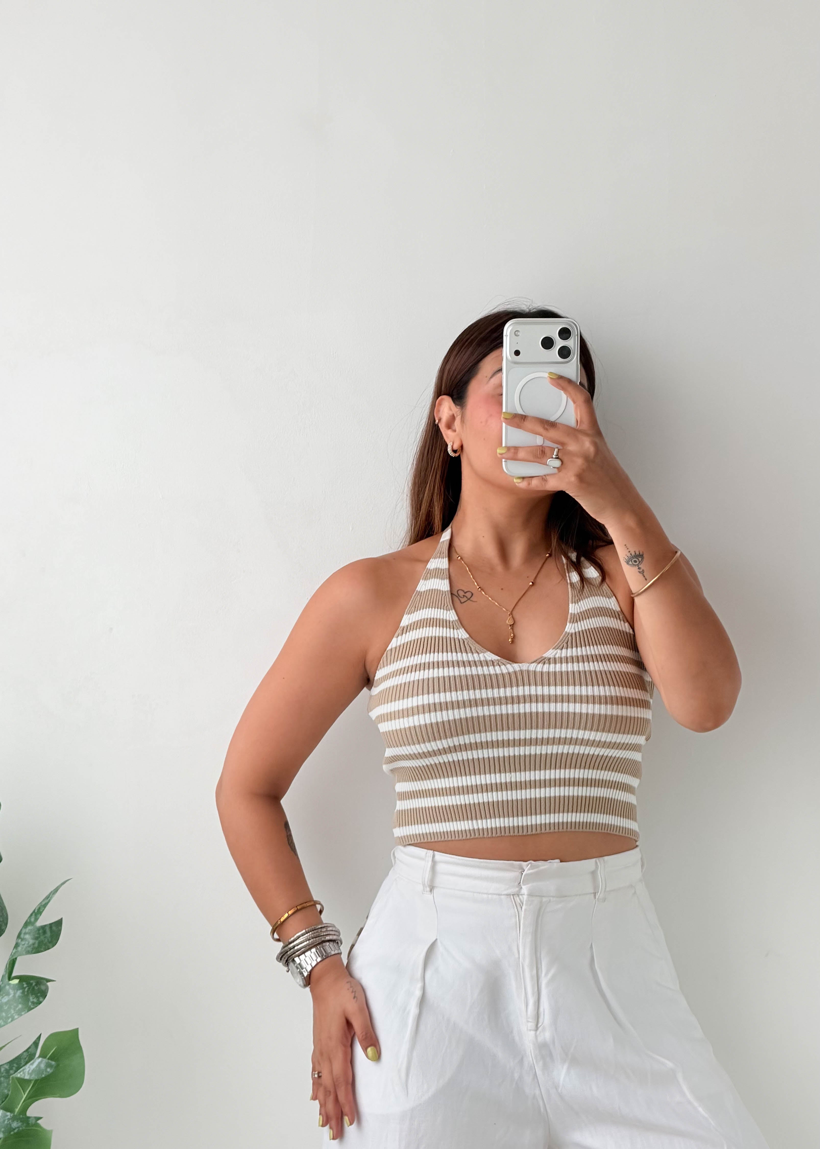 Size S-M Beige Striped Halter Knit Top