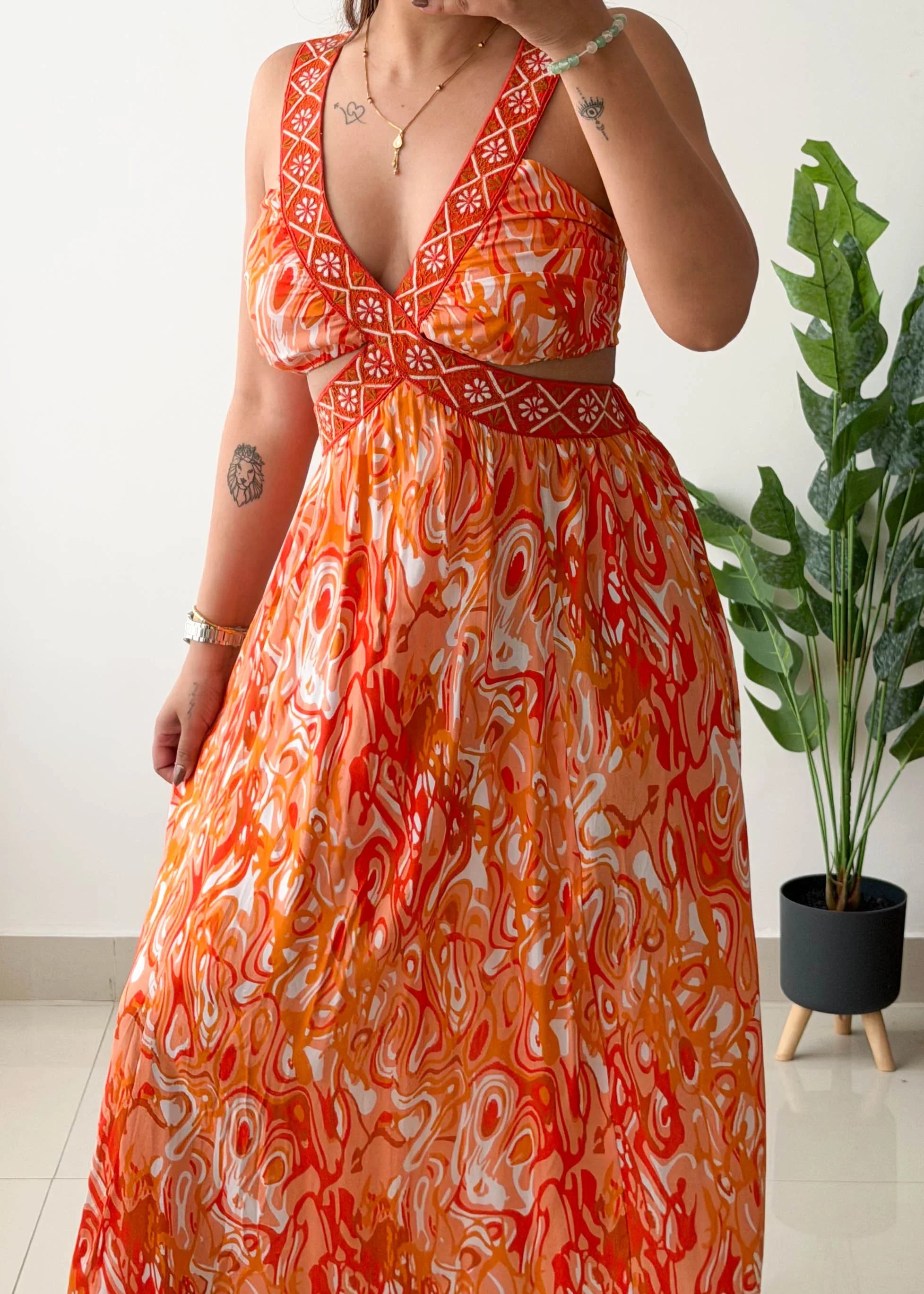 Size XS-S, Orange Abstract Print Maxi Dress