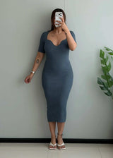 SIZE S-M, Teal Ribbed Sweetheart Neck Midi Dress - Closet by Payal