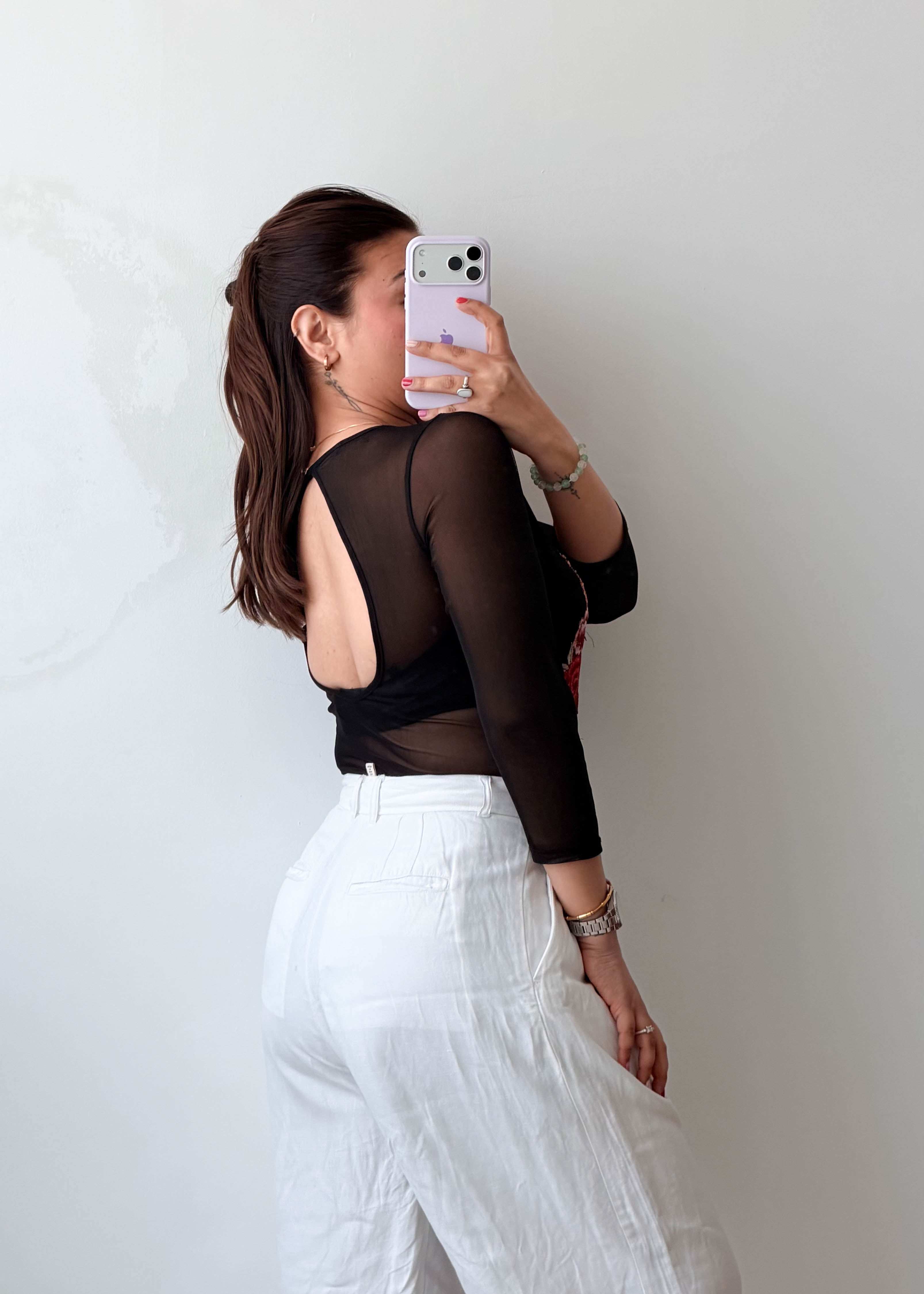 Size S-M Black Sheer Embroidered Bodysuit