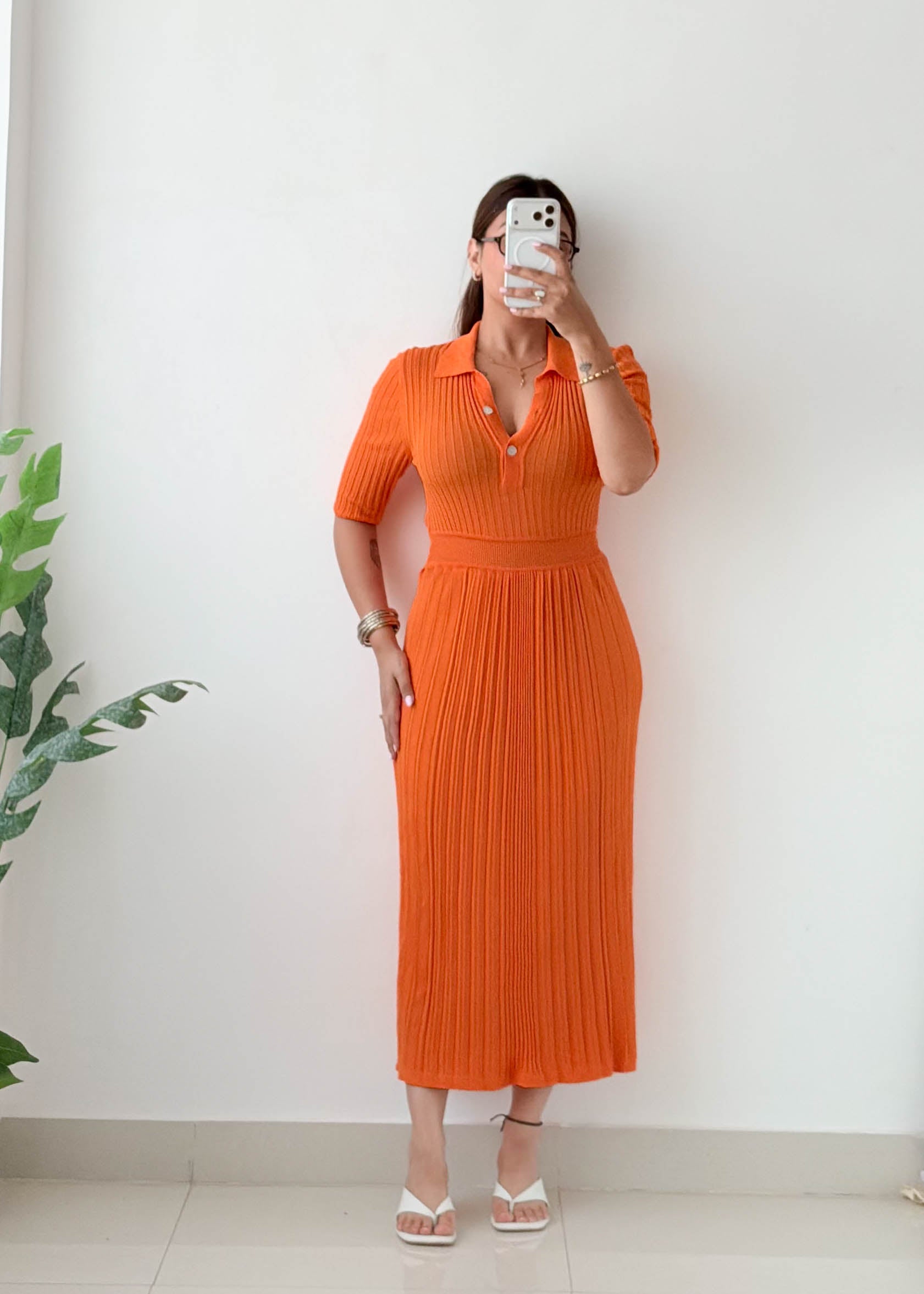 Size S-M Orange Ribbed Collared Midi Dress