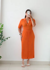 Size S-M Orange Ribbed Collared Midi Dress