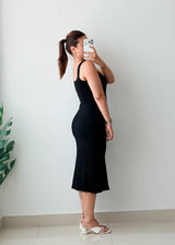 Size S-M Black Ribbed Square Neck Midi Dress