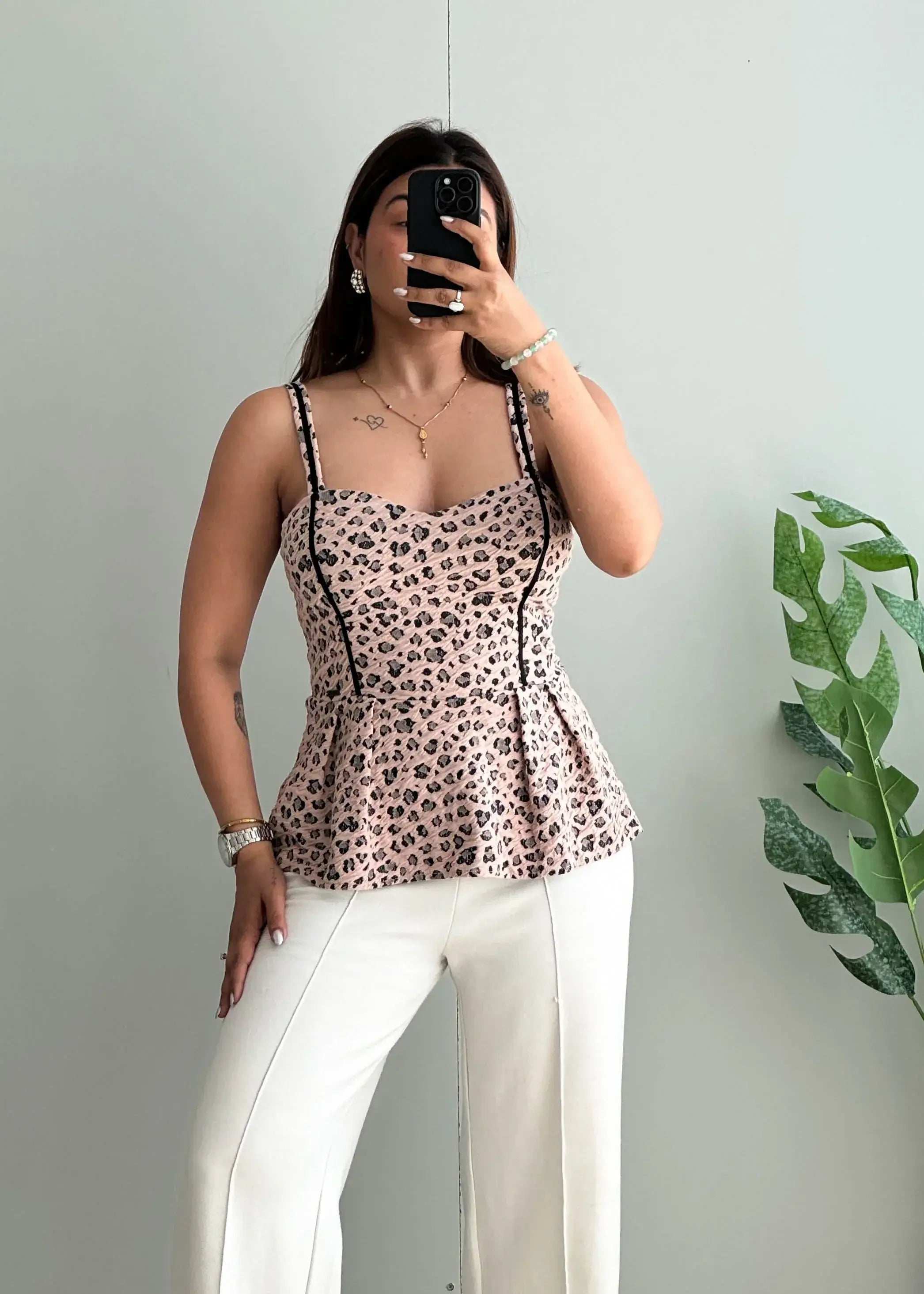 Size S-M, Pink Leopard Print Peplum Cami Top - Closet by Payal