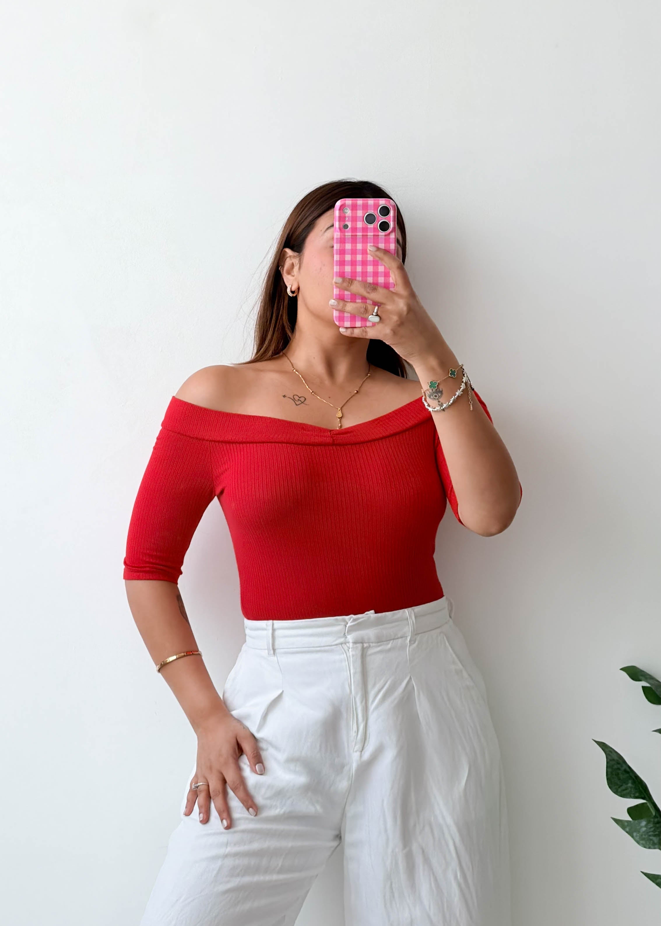 Size S-M Red Off-Shoulder Bodysuit