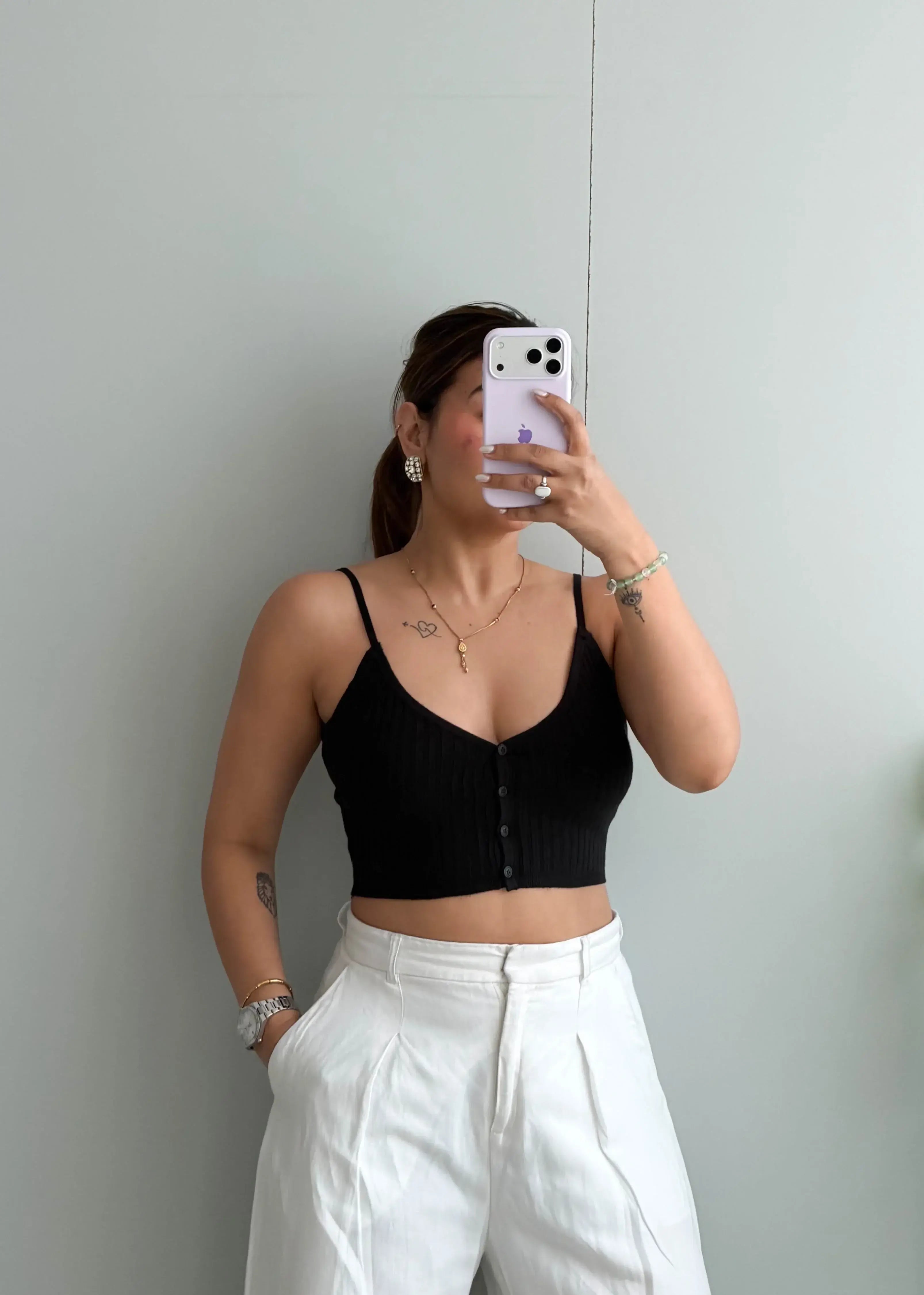 Size S-M, Black Button Front Ribbed Crop Top - Closet by Payal