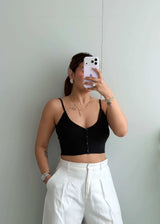 Size S-M, Black Button Front Ribbed Crop Top - Closet by Payal