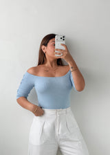 Size S-M Powder Blue Off-Shoulder Bodysuit