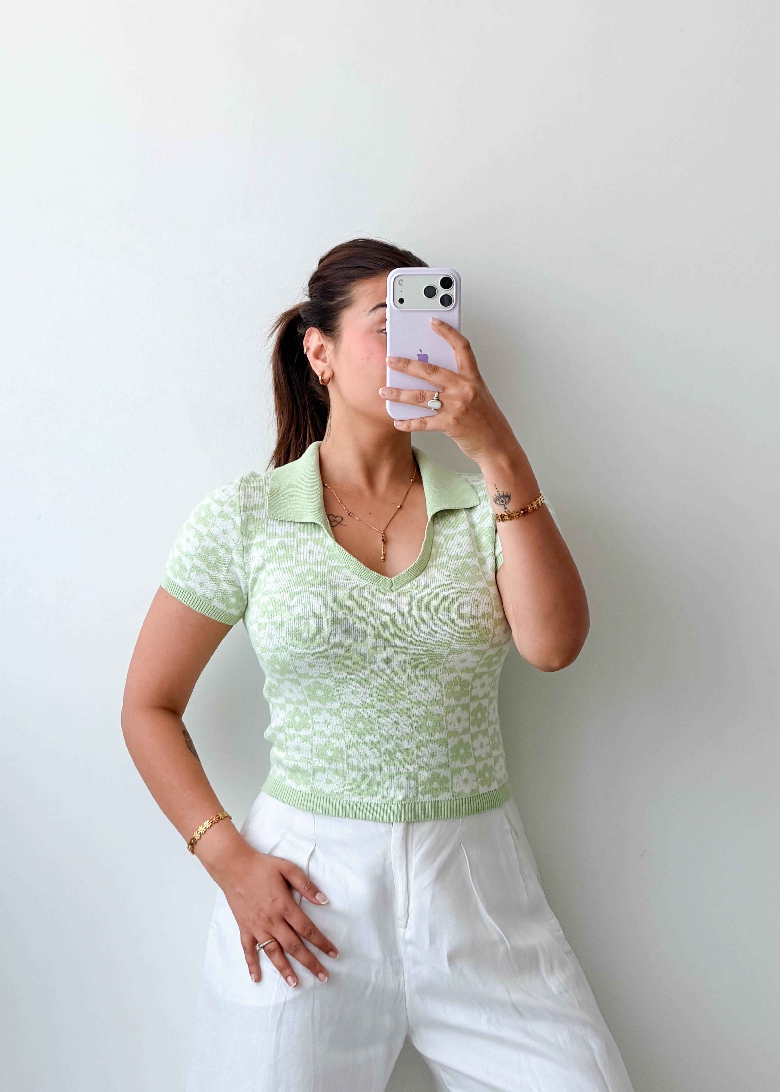 Size S-M Sage Green Pattern Knit Polo Top