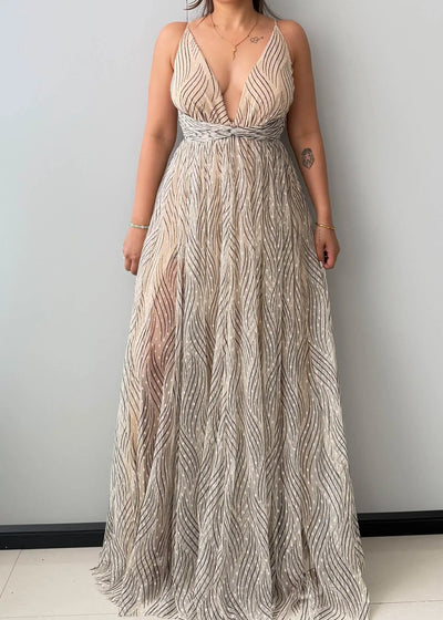 Size XS-S, Gold Plunge Neck Maxi Dress - Closet by Payal