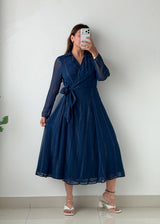 Size M-L Navy Blue Sheer Overlay Maxi Dress