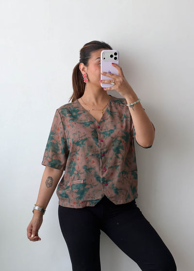 M Brown Abstract Print Viscose Shirt