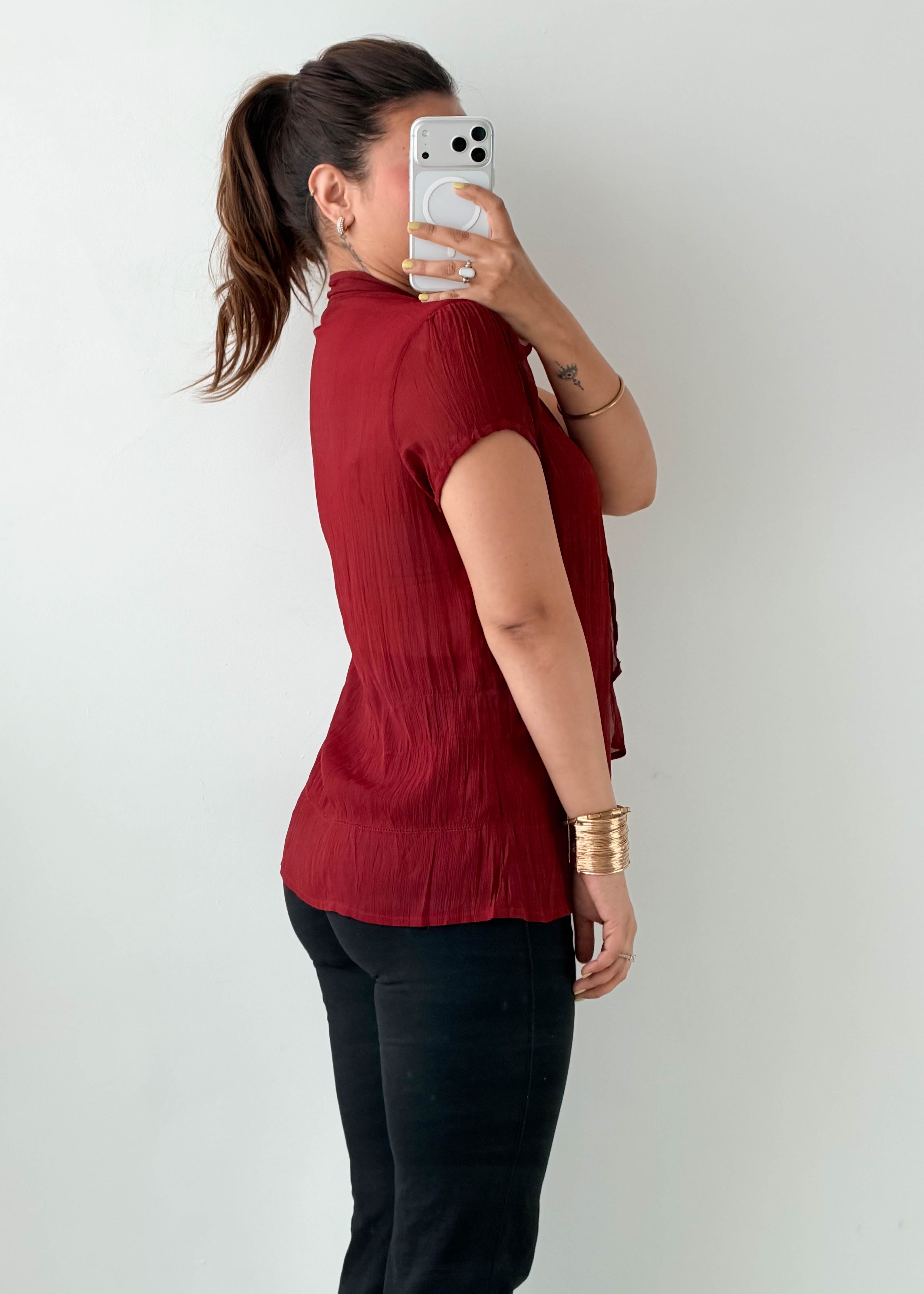 Size M-L Burgundy Tie-Neck Blouse