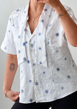 Size L White Blue Embroidered Shirt Top
