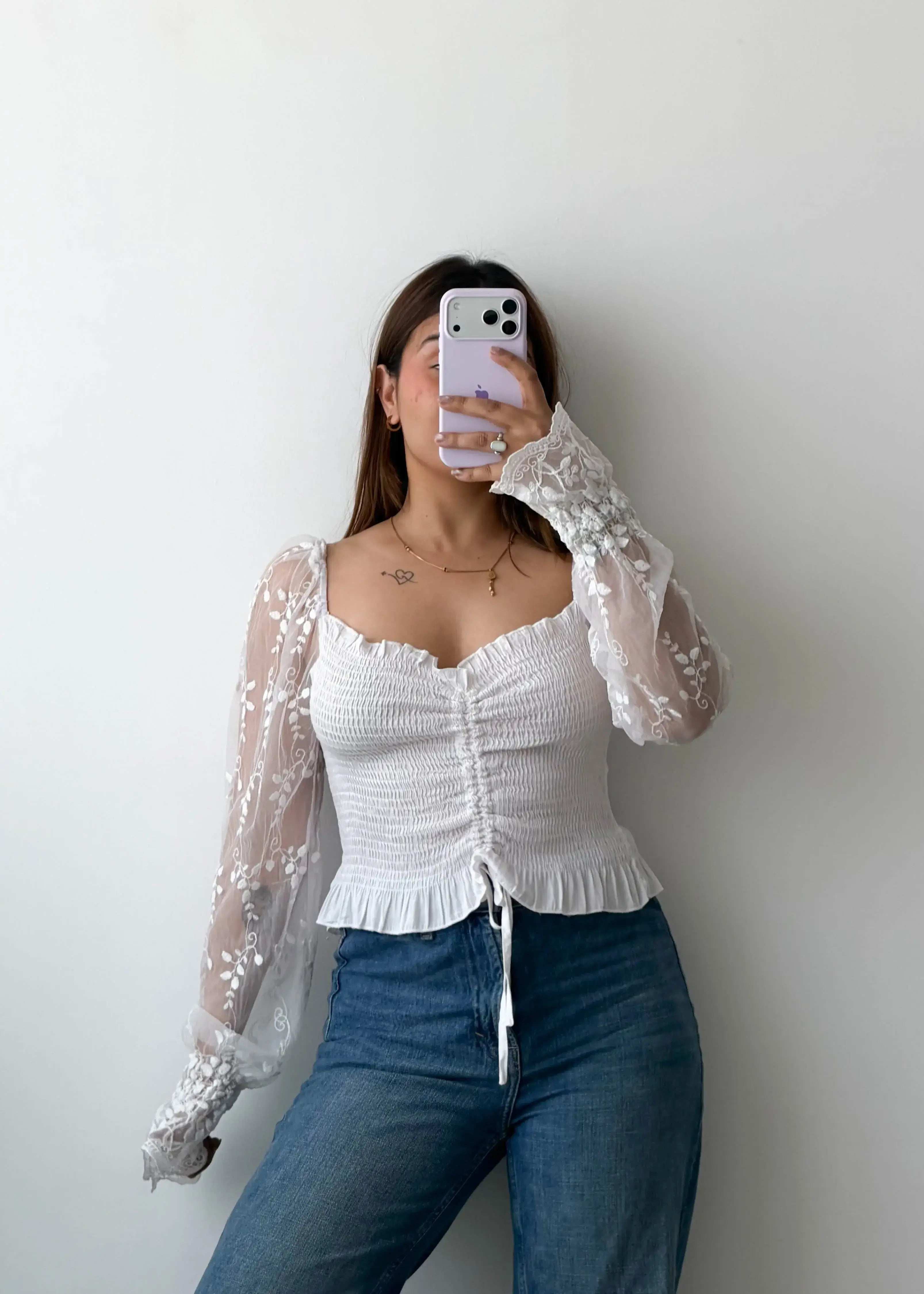 Size M-L White Smocked Lace Top