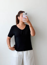 Size L-XL Black Ribbed Tie Front Top