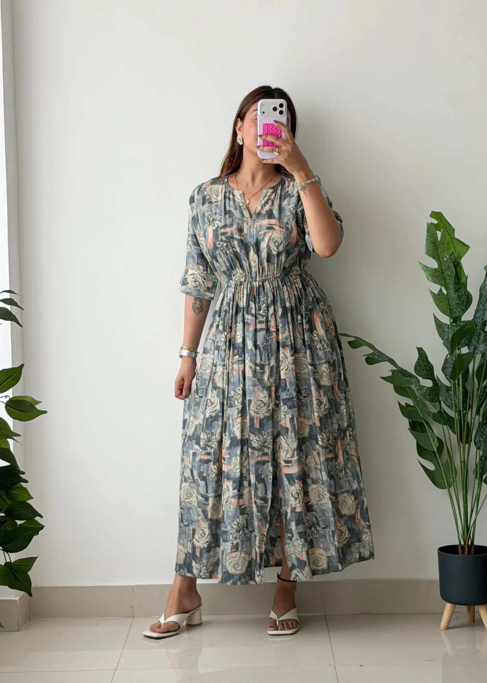 Size M-L, Grey Vintage Print Maxi Dress