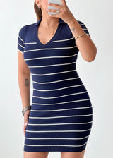 Size XS-S Navy Striped Knit Bodycon Mini Dress