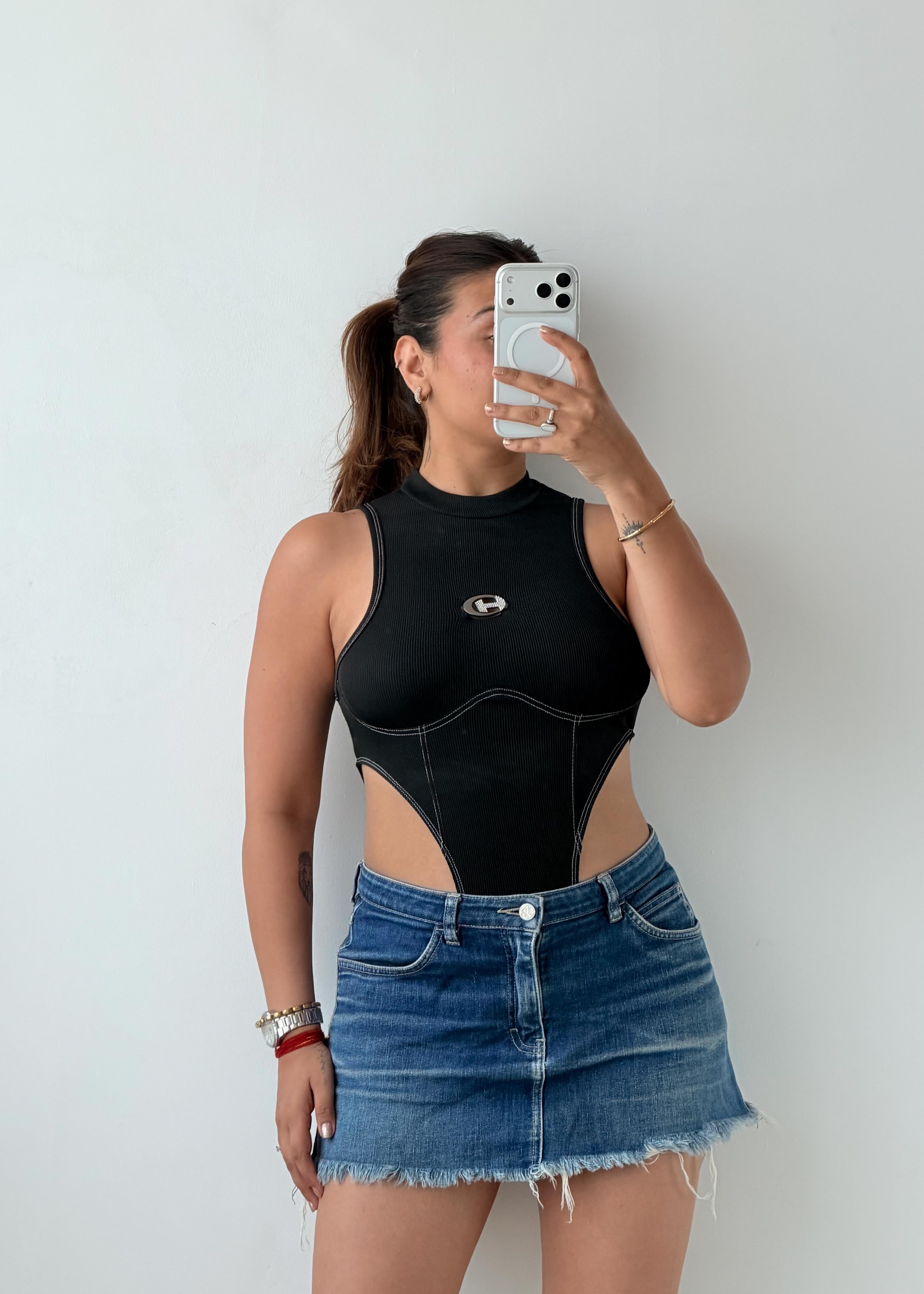 Size XS-S Black High Neck Cut-Out Bodysuit