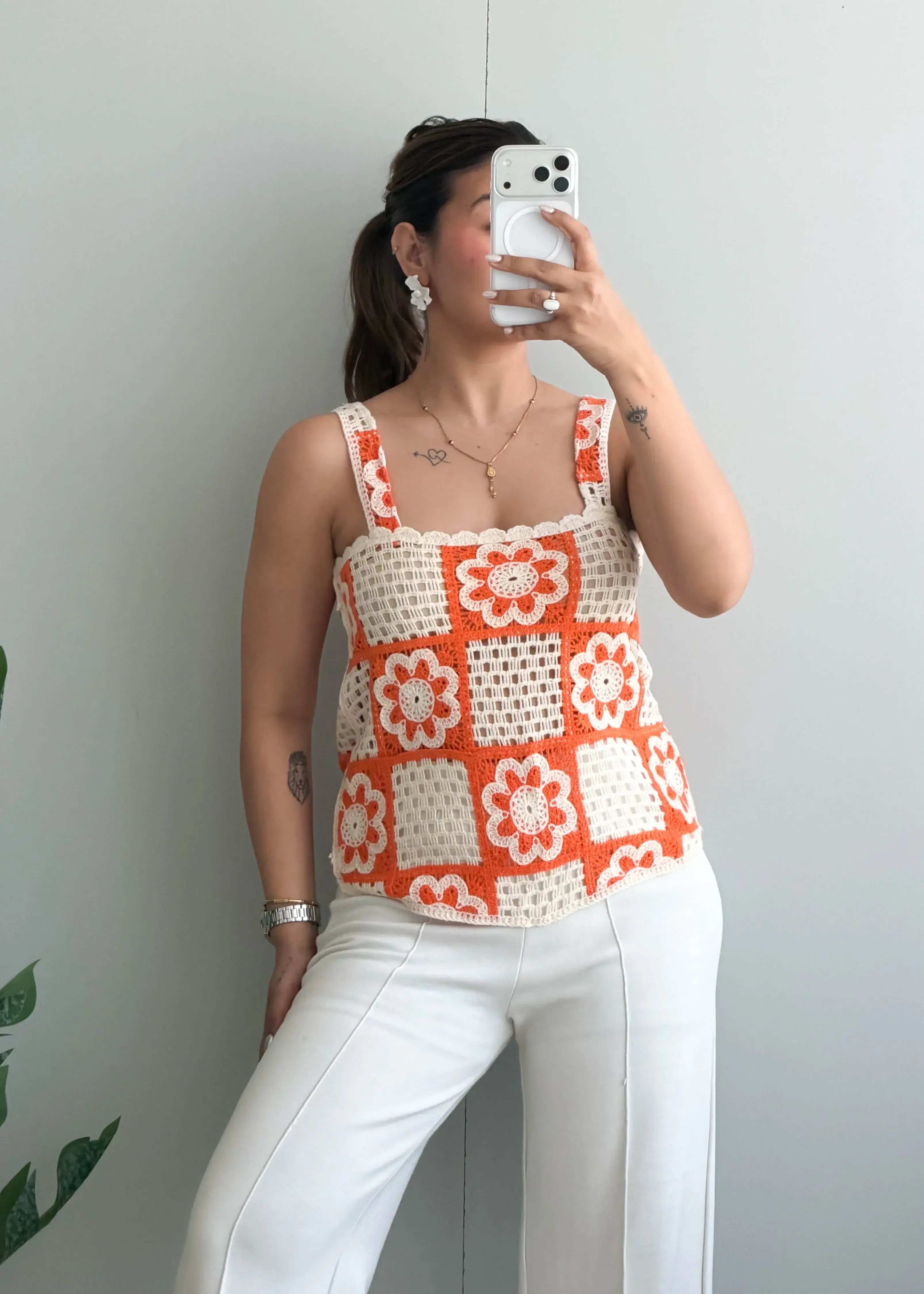 Size S-M, Cream & Orange Crochet Tank Top - Closet by Payal
