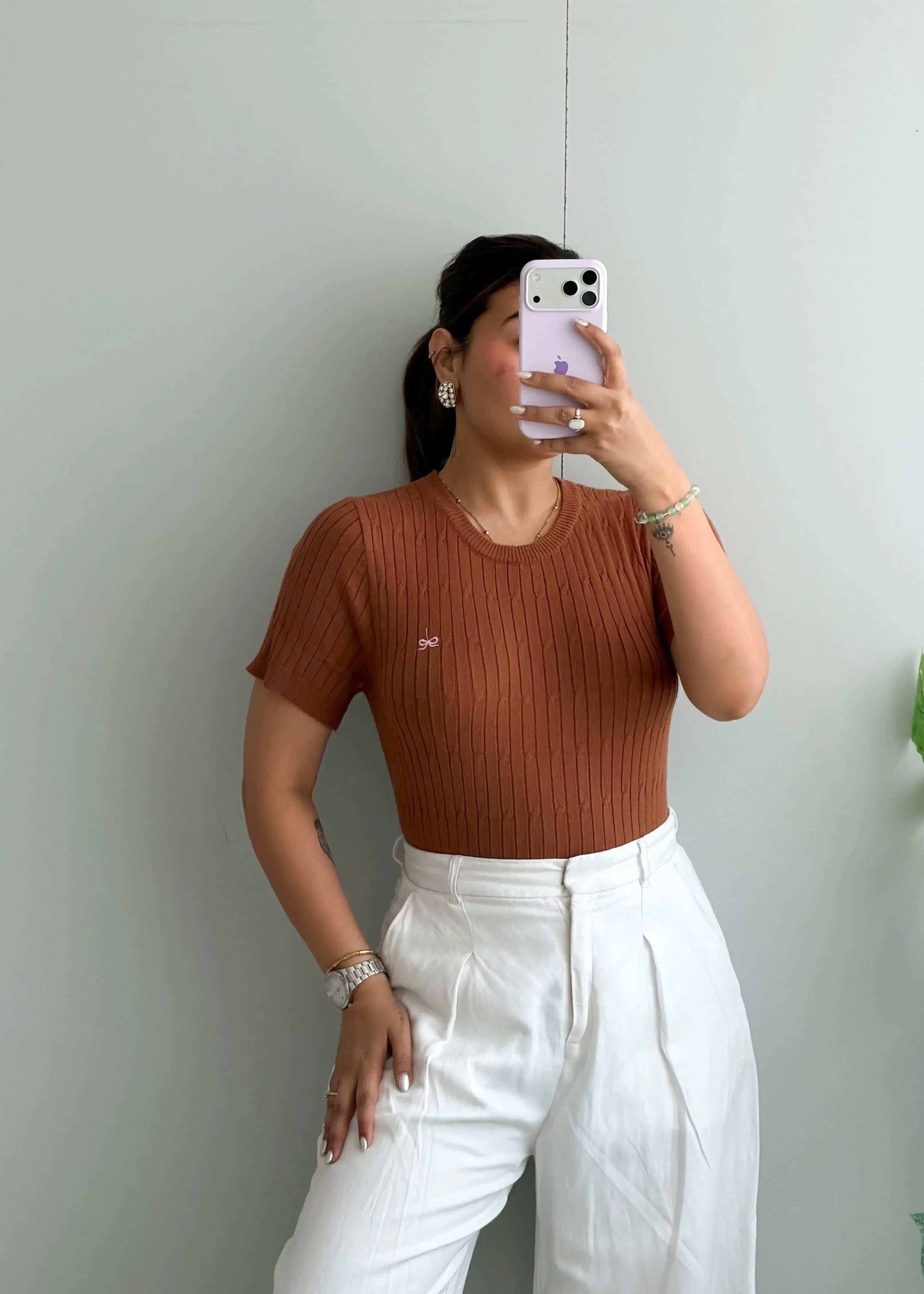 Size M-L, Brown Ribbed Half Sleeve Top - Closet by Payal