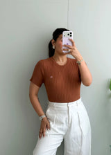 Size M-L, Brown Ribbed Half Sleeve Top - Closet by Payal