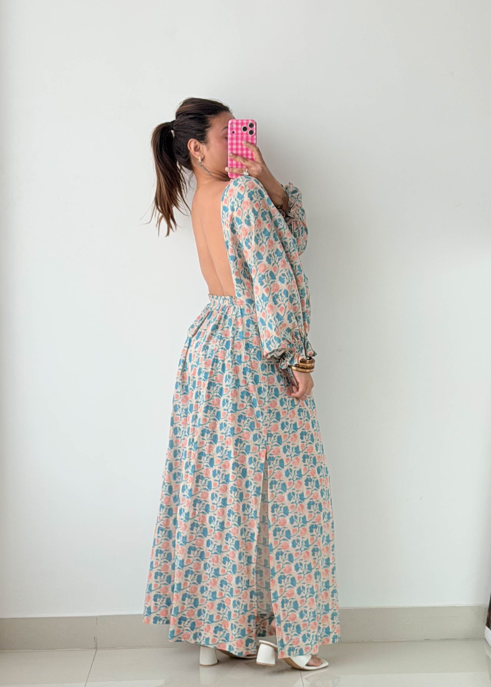 Size M-L Blue Floral Open Back Maxi Dress