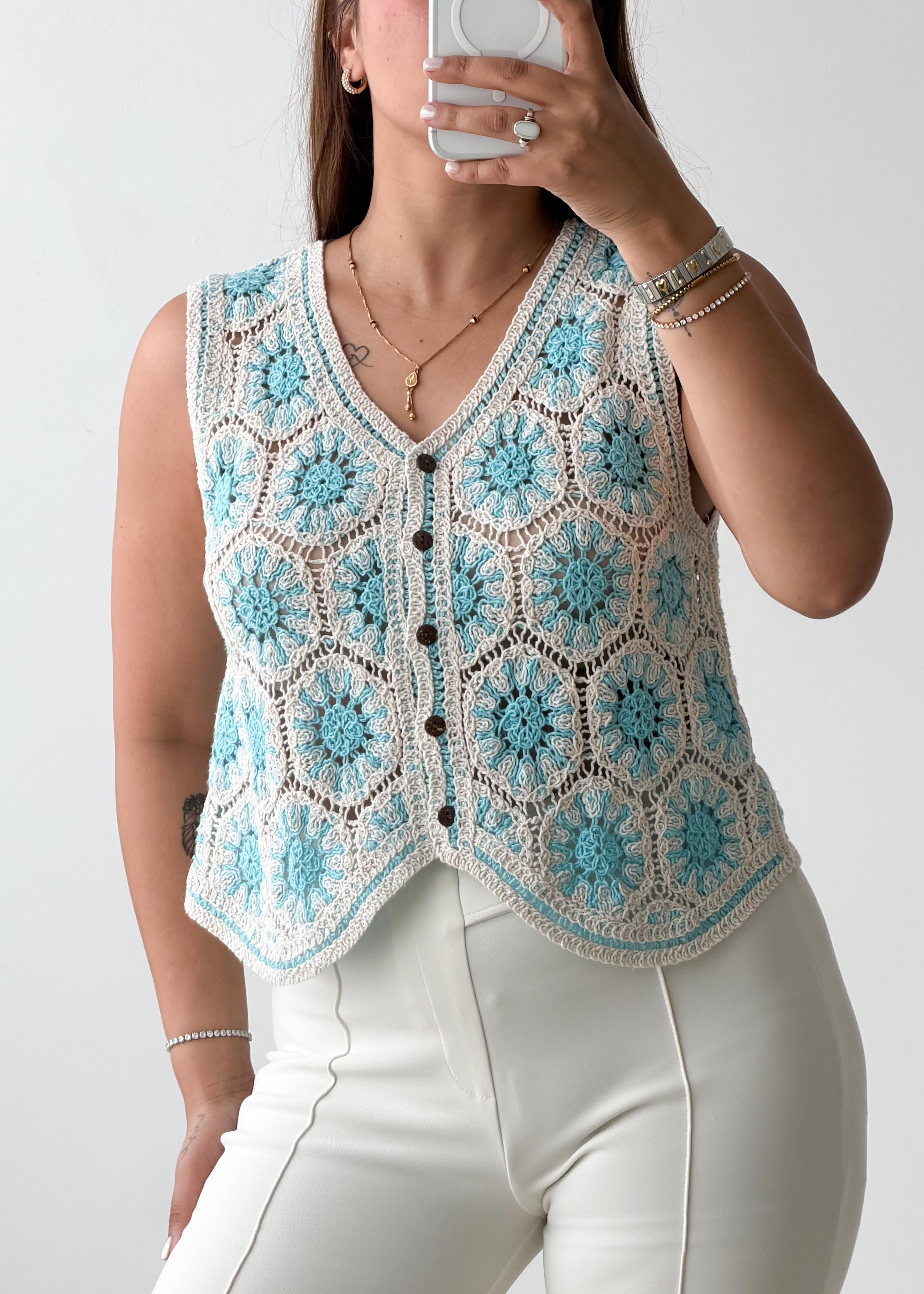 Size M-L Blue Floral Crochet Vest Top