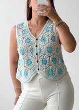 Size M-L Blue Floral Crochet Vest Top