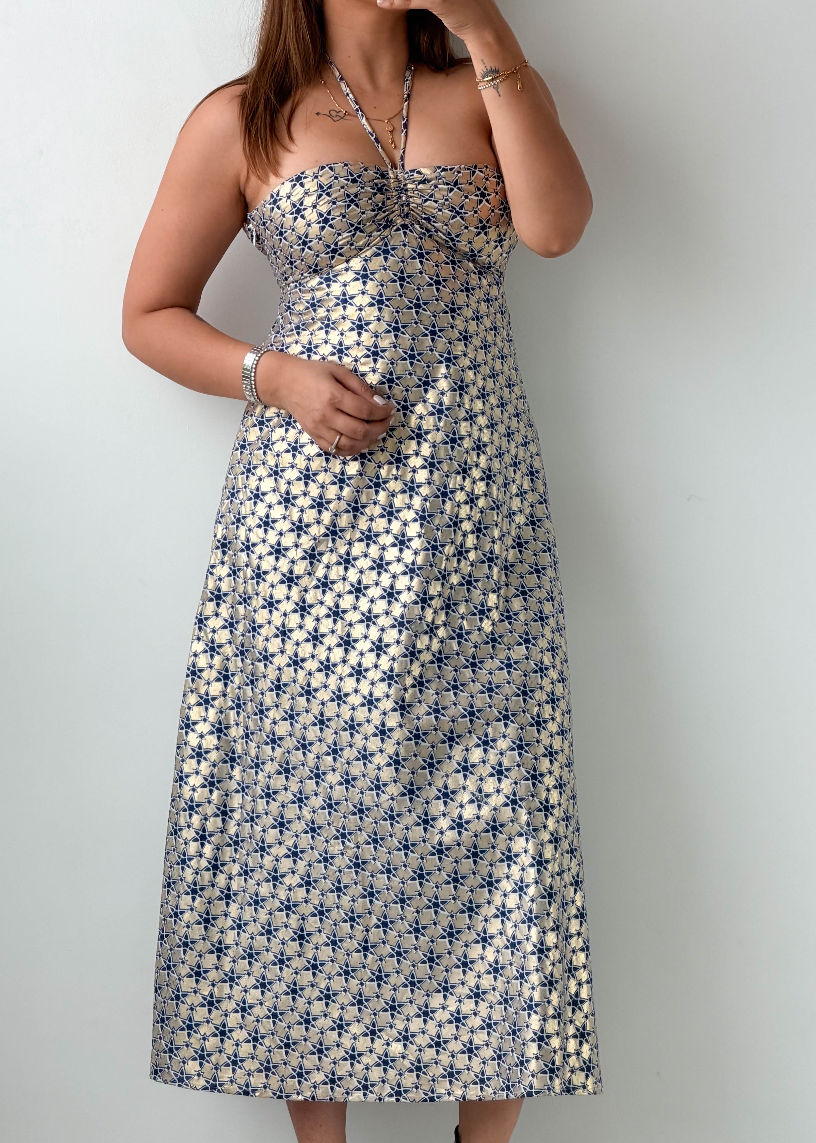 Size XS Cream Blue Printed Midi Dress
