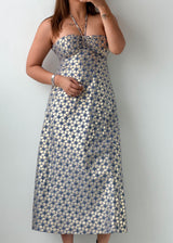 Size XS Cream Blue Printed Midi Dress