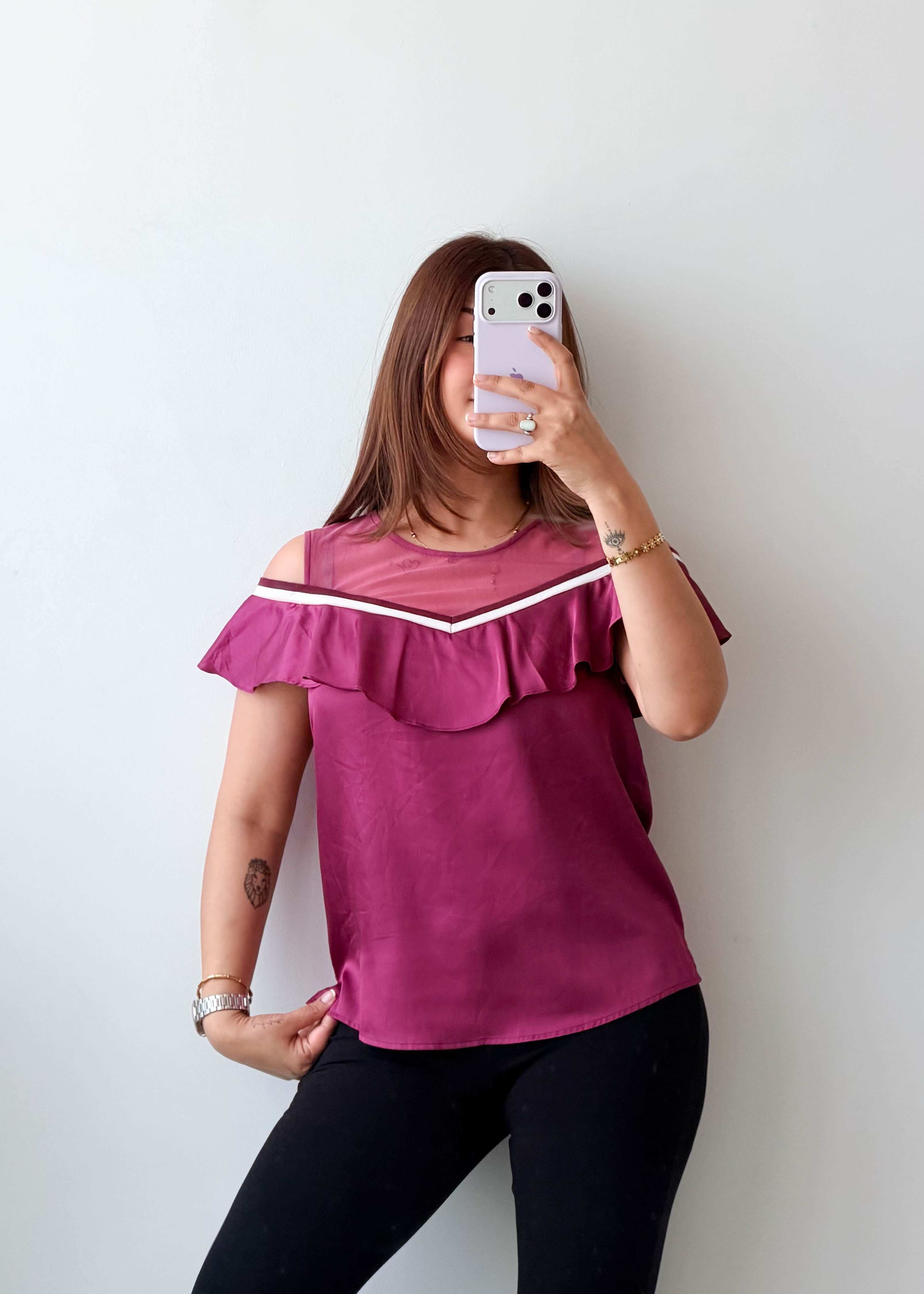 Size S-M Magenta Cold Shoulder Ruffle Top