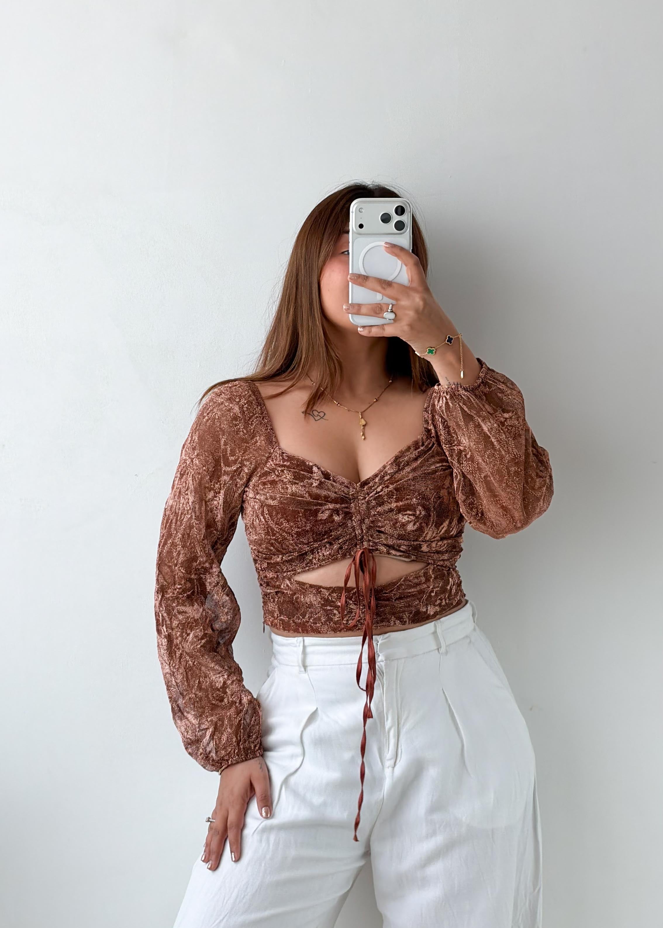 Size S-M Brown Velvet Ruched Tie Front Top