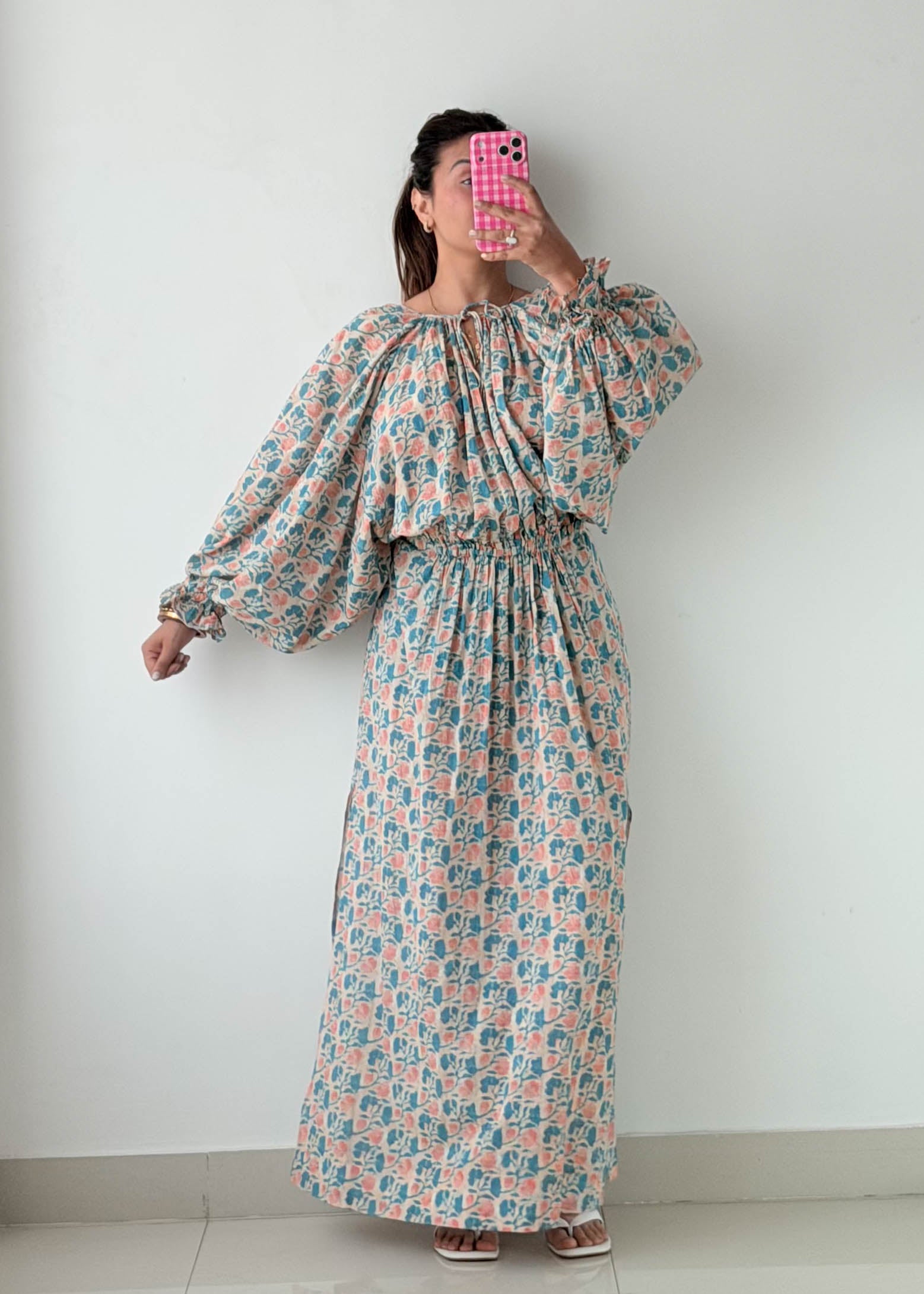 Size M-L Blue Floral Open Back Maxi Dress