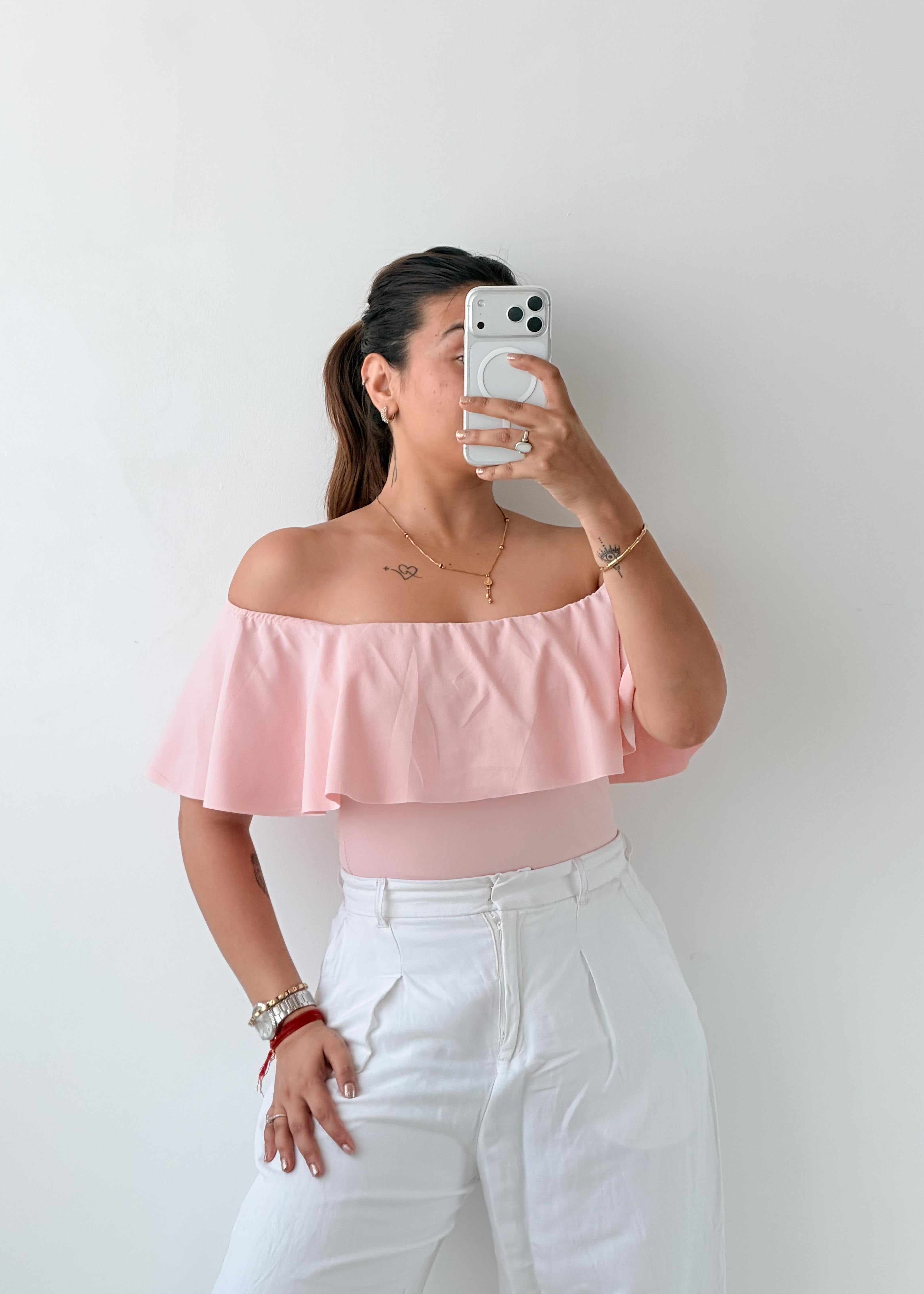 Size XS-S Baby Pink Off-Shoulder Ruffle Bodysuit