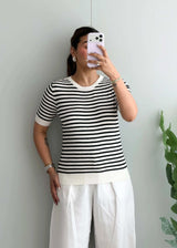 Size M-L, Black & White Striped Half Sleeve Top - Closet by Payal