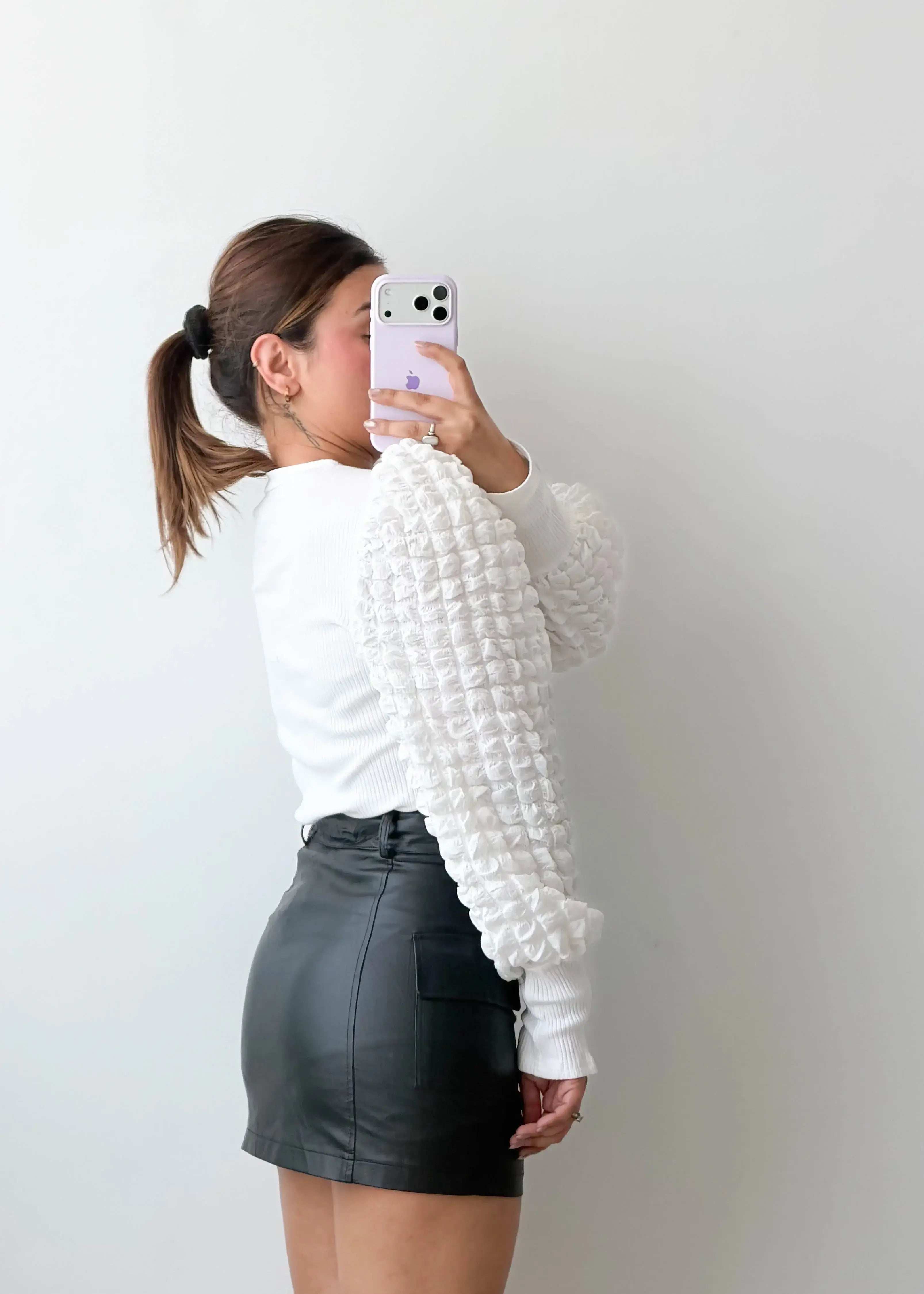 Size M-L White Textured Sleeve Bodysuit