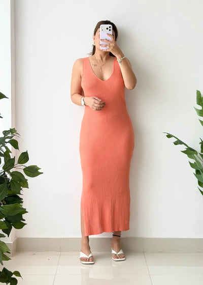 Size M-L, Coral Sleeveless Ribbed Maxi Dress - Closet by Payal