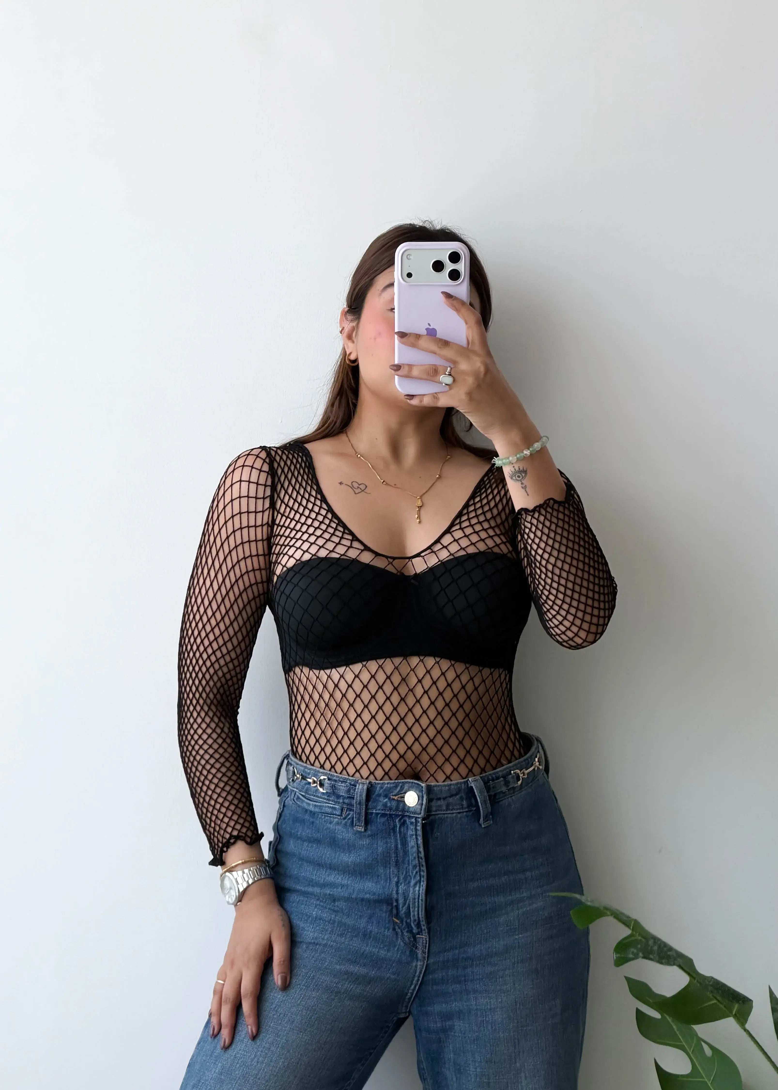 SIZE XS-S, Black Fishnet Mesh Full Sleeve Top