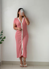 Size S-M Red & White Striped Ribbed Midi Dress