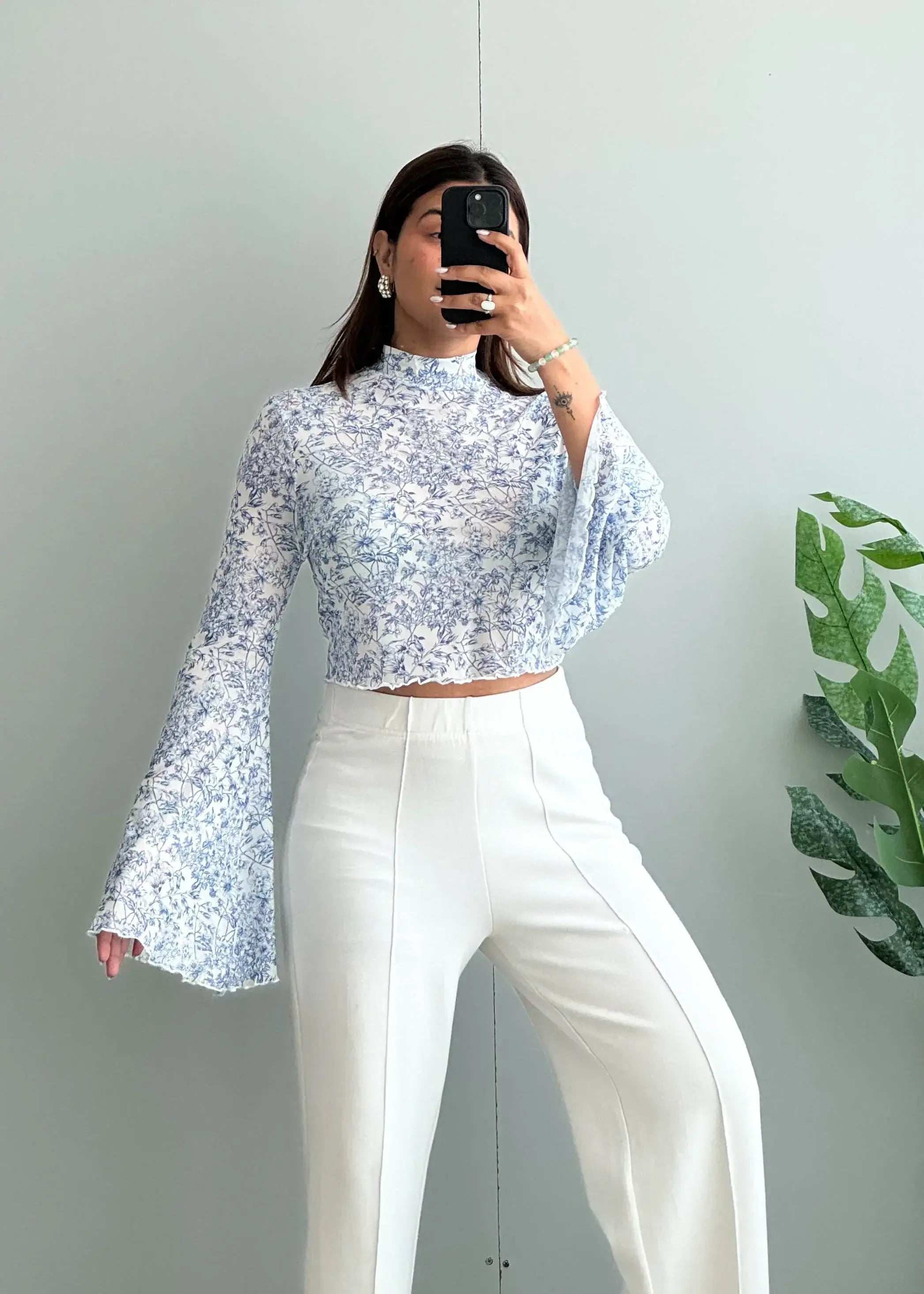 Size S-M, Blue Floral Bell Sleeve Crop Top for Women - Closet by Payal