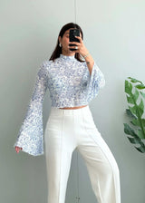 Size S-M, Blue Floral Bell Sleeve Crop Top for Women - Closet by Payal