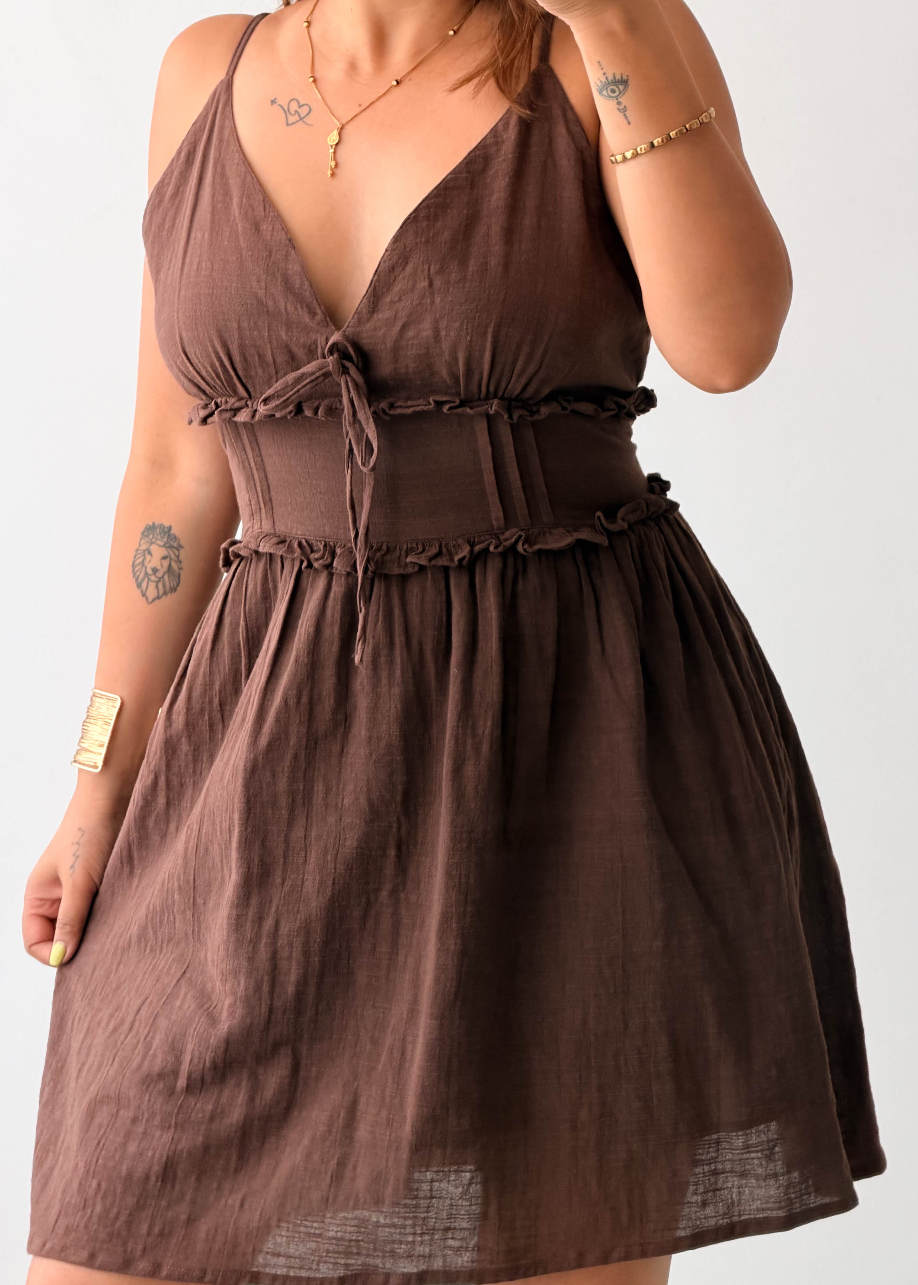 Size L-XL Brown Tie-Front Cotton Mini Dress
