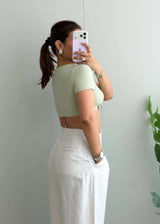 Size XS-S, Sage Tie Front Ribbed Crop Top - Closet by Payal