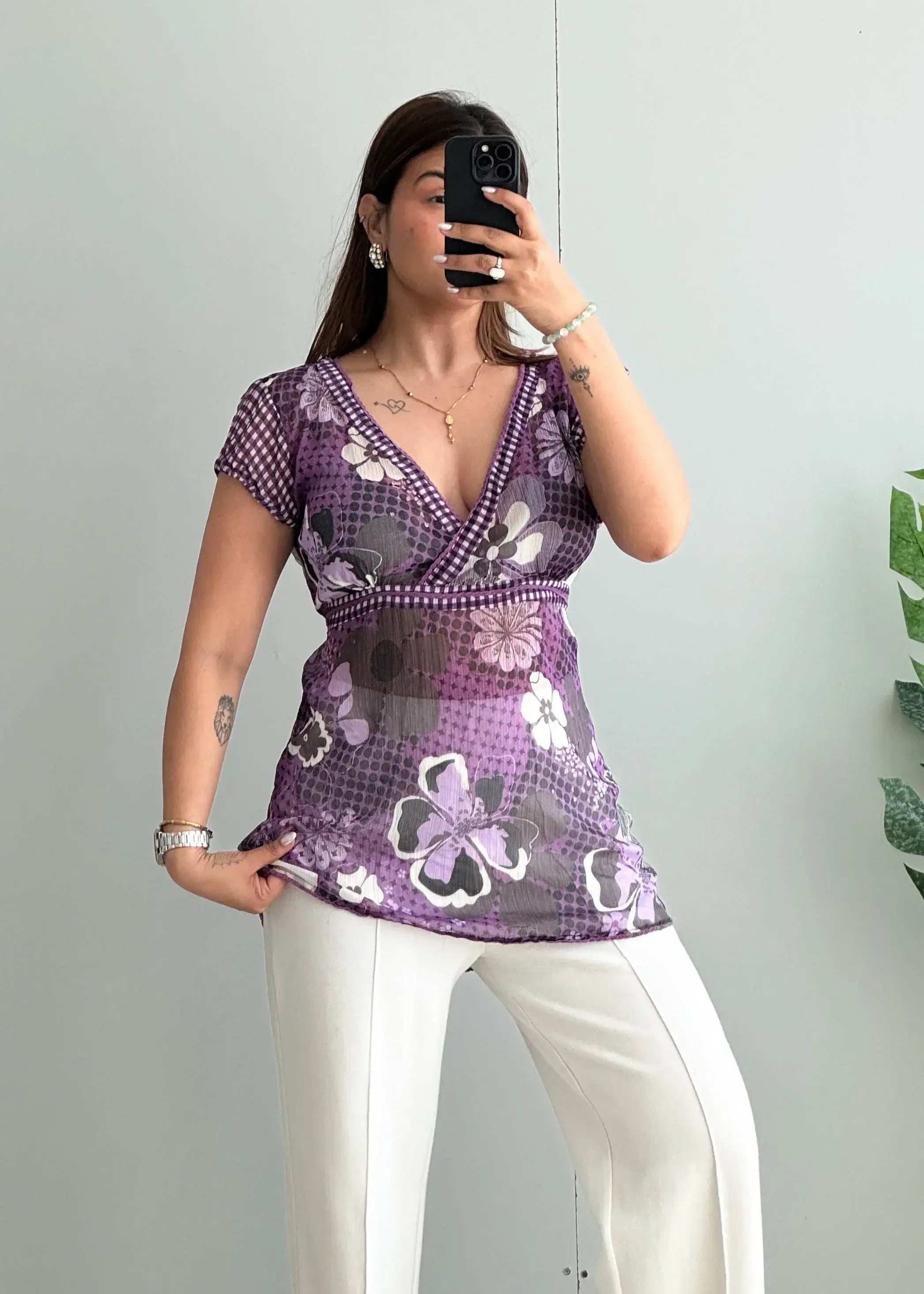 Size L-XL, Lavender Bloom Mesh Top - Closet by Payal
