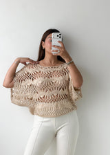 Size S-M Beige Open Knit Crochet Poncho Top